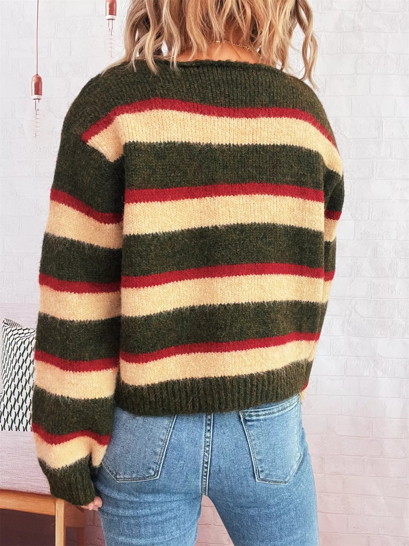 Striped Round Neck Long Sleeve Sweater-Nordavory