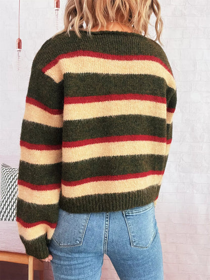 Striped Round Neck Long Sleeve Sweater-Nordavory