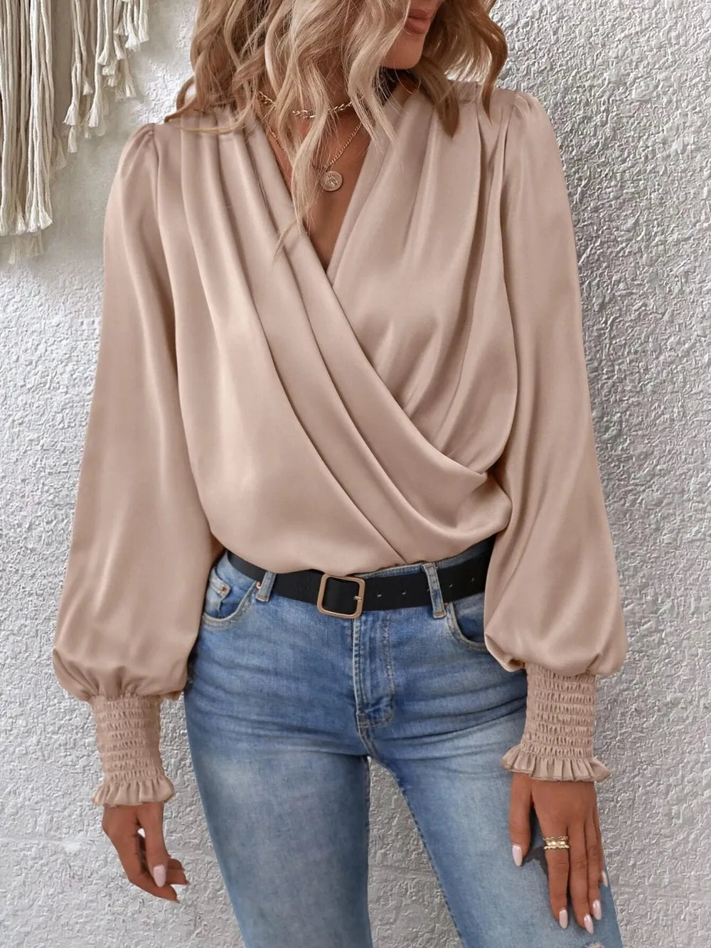 Surplice Smocked Lantern Sleeve Blouse-Nordavory