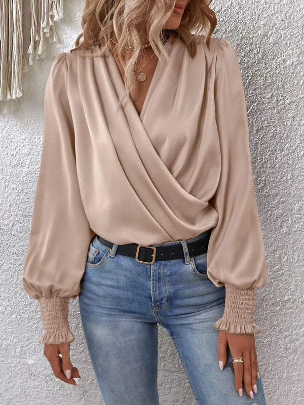 Surplice Smocked Lantern Sleeve Blouse-Nordavory