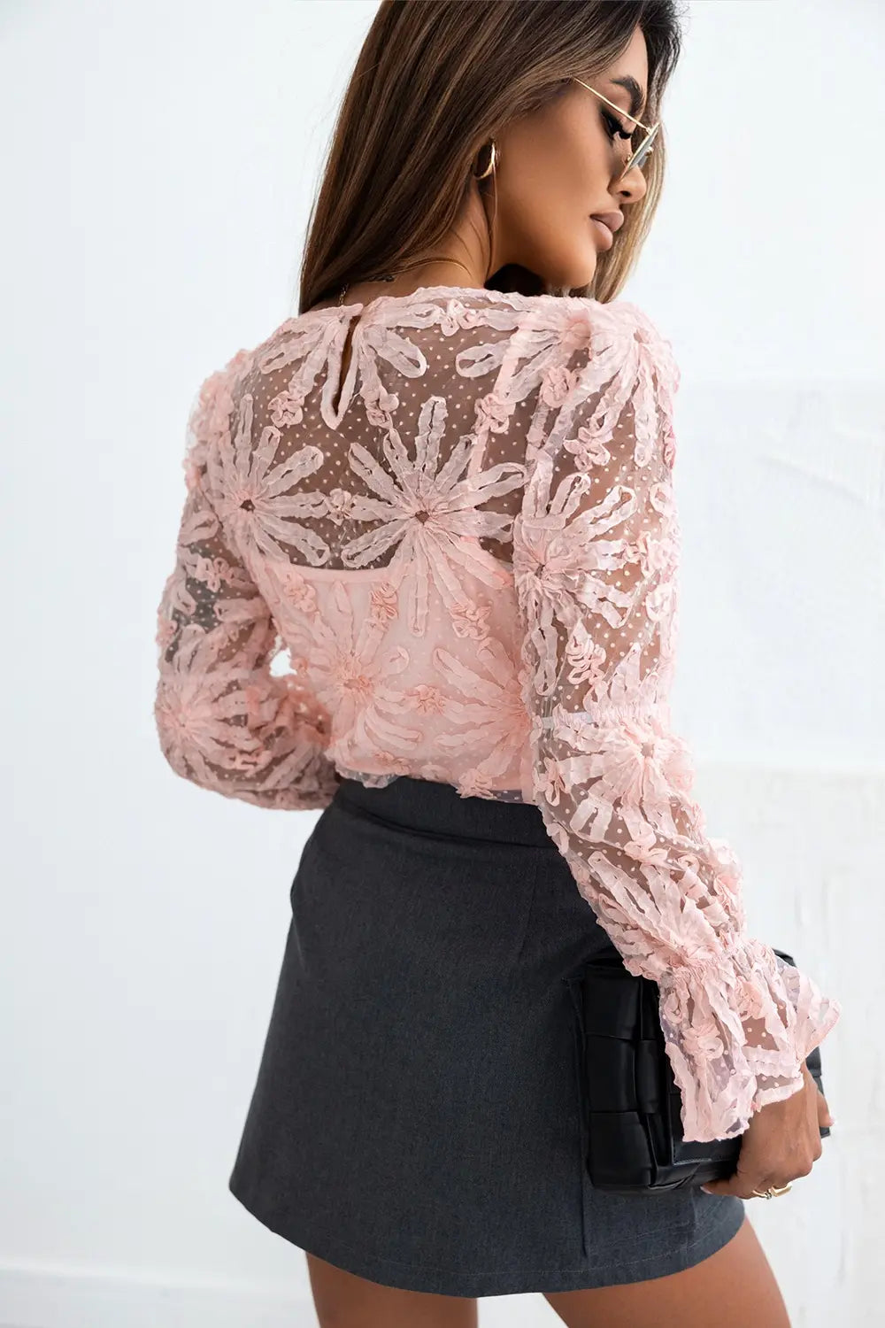 Flower Dotted Ruffled Sleeve Mesh Top-Nordavory