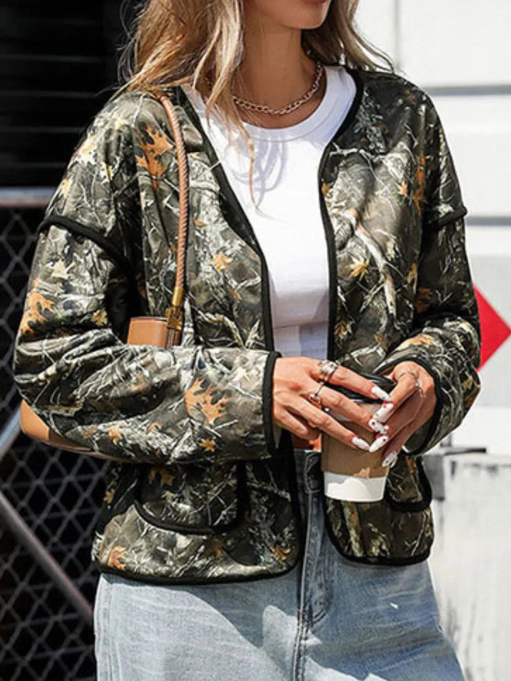 Perfee Printed Open Front Long Sleeve Jacket-Nordavory