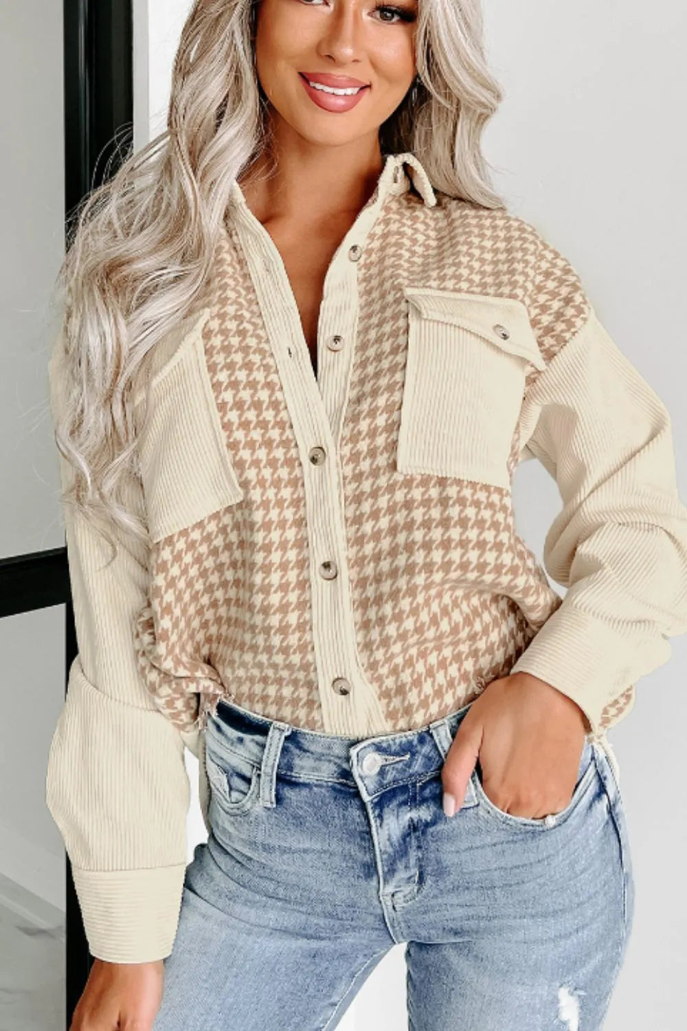 Houndstooth Button Up Long Sleeve Jacket-Nordavory