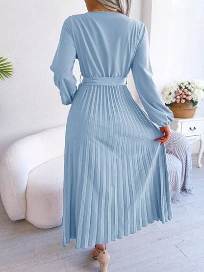 Elegant Pleated Front Tie Long Sleeve Dress-Nordavory