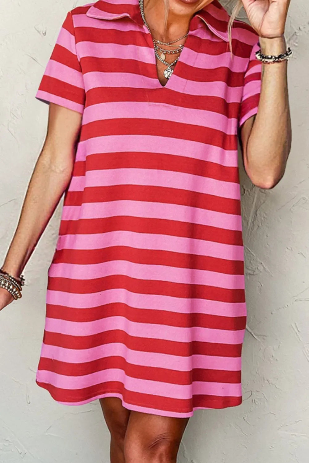 Casual Striped Polo Collar T-Shirt Dress-Nordavory