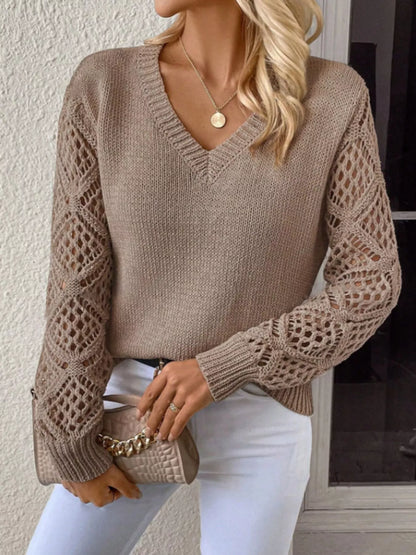 V-Neck Crochet Sleeve Sweater-Nordavory