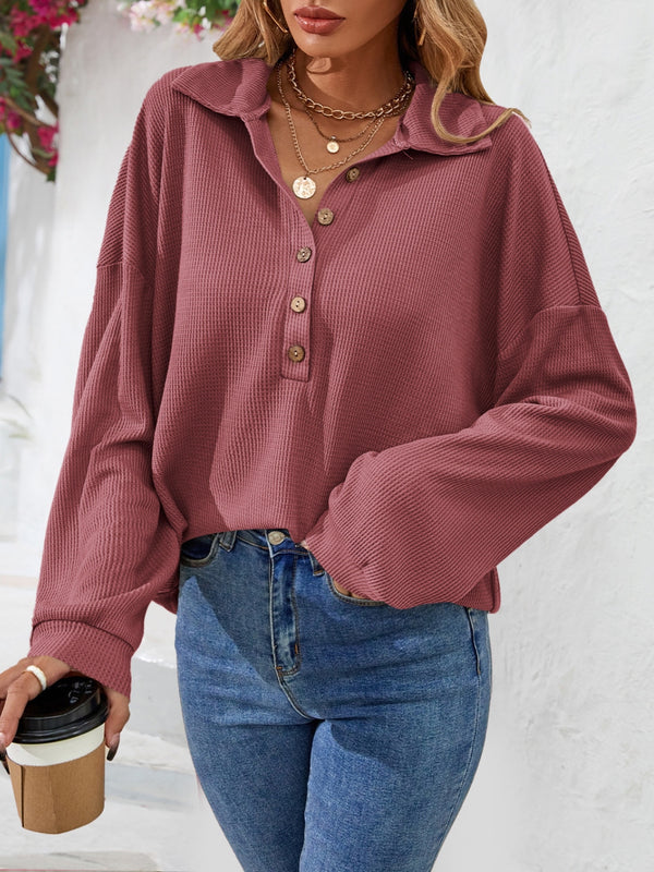 Half Button Collared Neck Long Sleeve Top-Nordavory