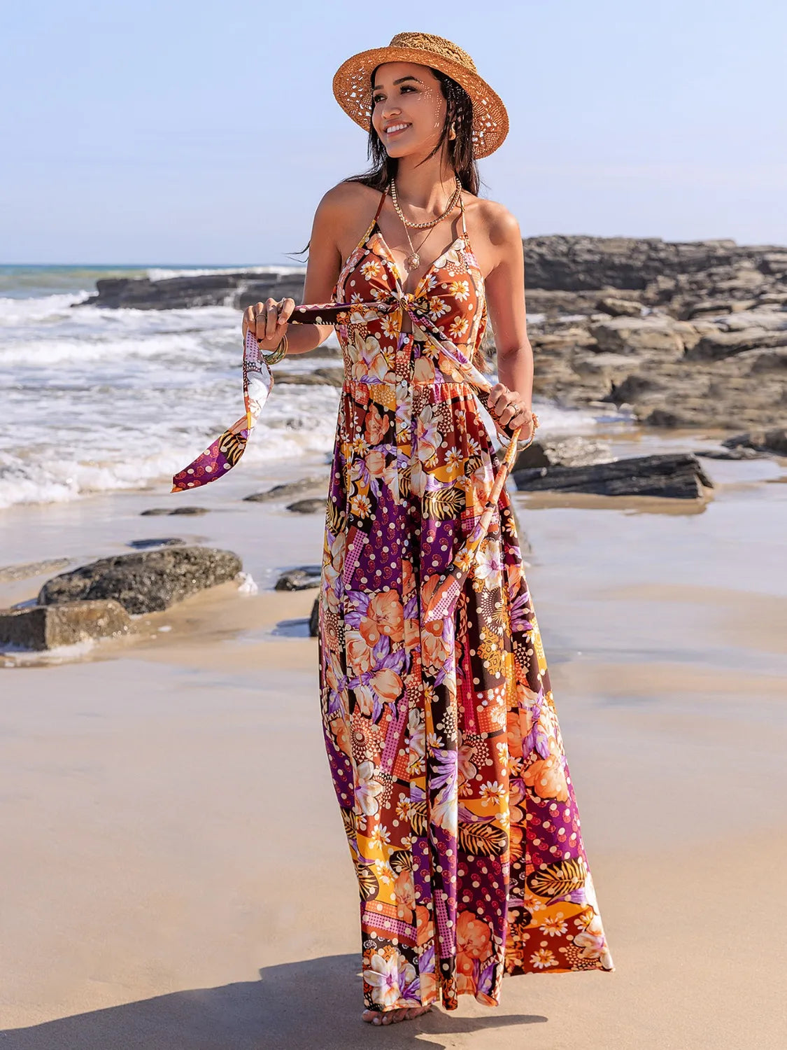 Slit Printed Halter Neck Cami Dress-Nordavory