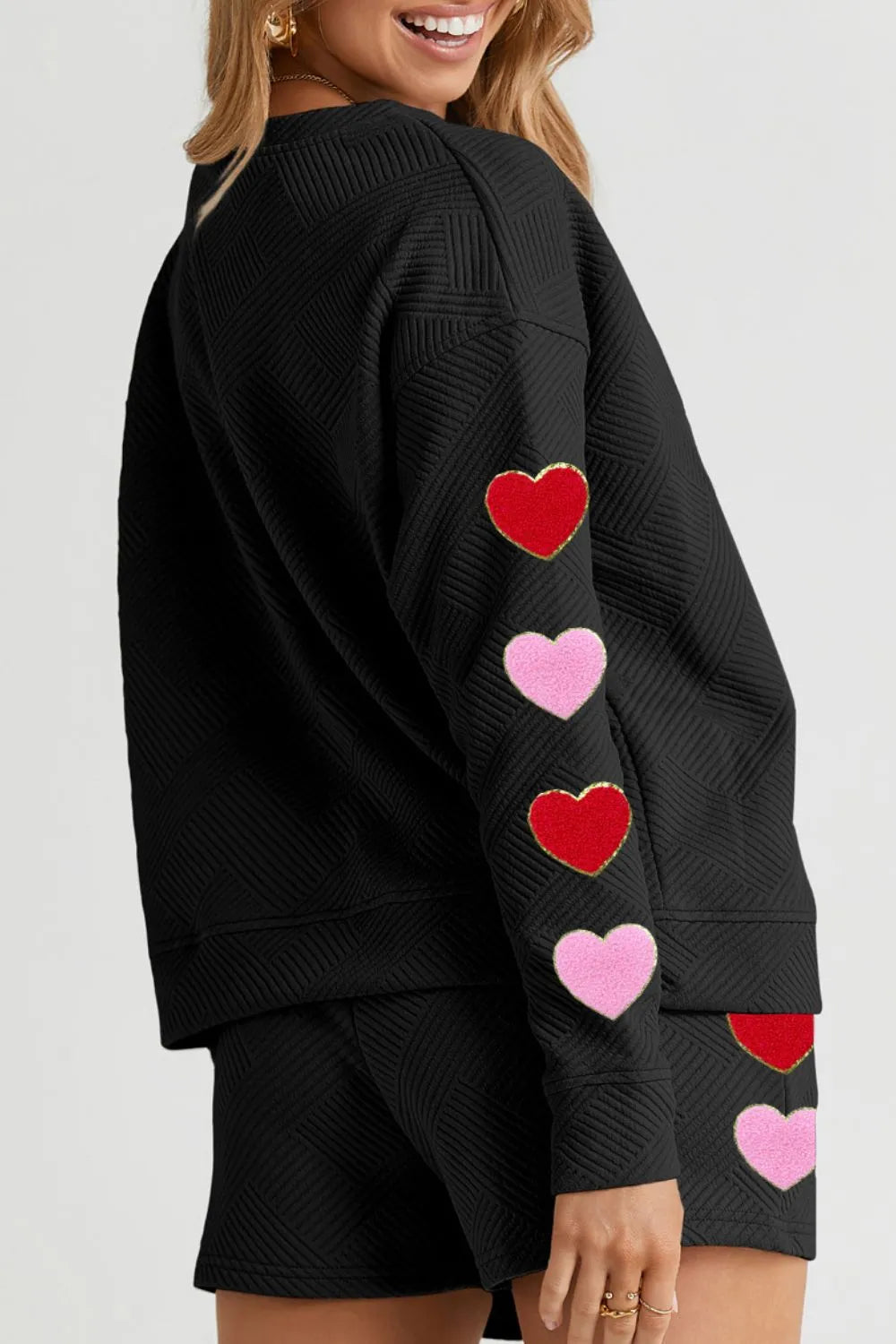 Heart Texture Round Neck Top and Drawstring Shorts Set-Nordavory