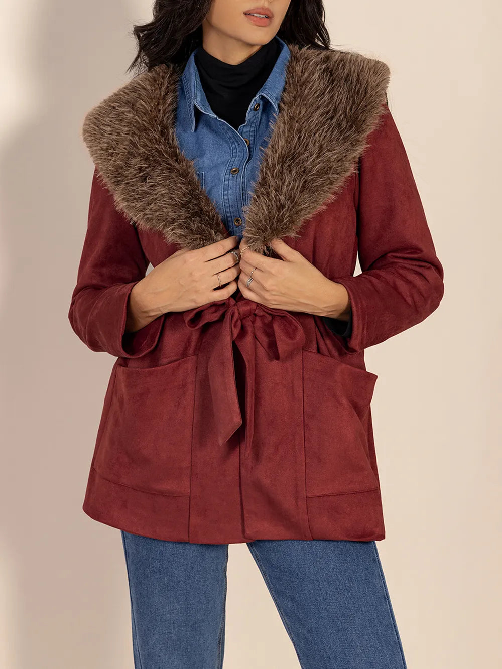 Fuzzy Collared Neck Tie Waist Jacket-Nordavory