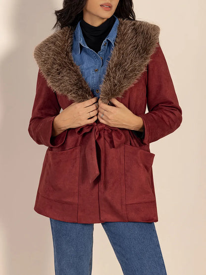 Fuzzy Collared Neck Tie Waist Jacket-Nordavory