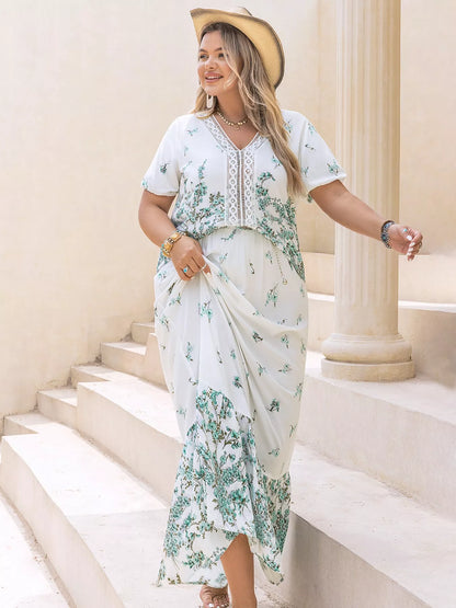 Plus Size Printed Lace Detail Short Sleeve Top and Skirt Set-Nordavory