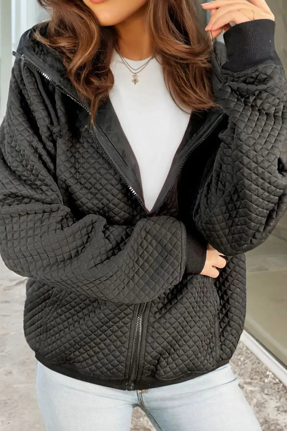 Drawstring Zip Up Long Sleeve Hooded Jacket-Nordavory
