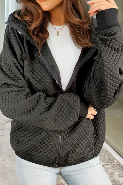 Drawstring Zip Up Long Sleeve Hooded Jacket-Nordavory