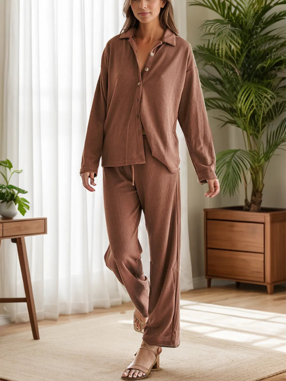 Collared Neck Long Sleeve Top and Drawstring Pants Set-Nordavory