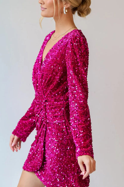 Sequin Surplice Long Sleeve Mini Dress-Nordavory