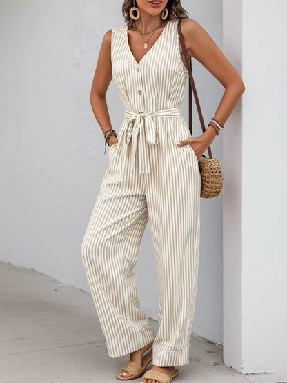 Striped Button-Front Wide Leg Jumpsuit-Nordavory