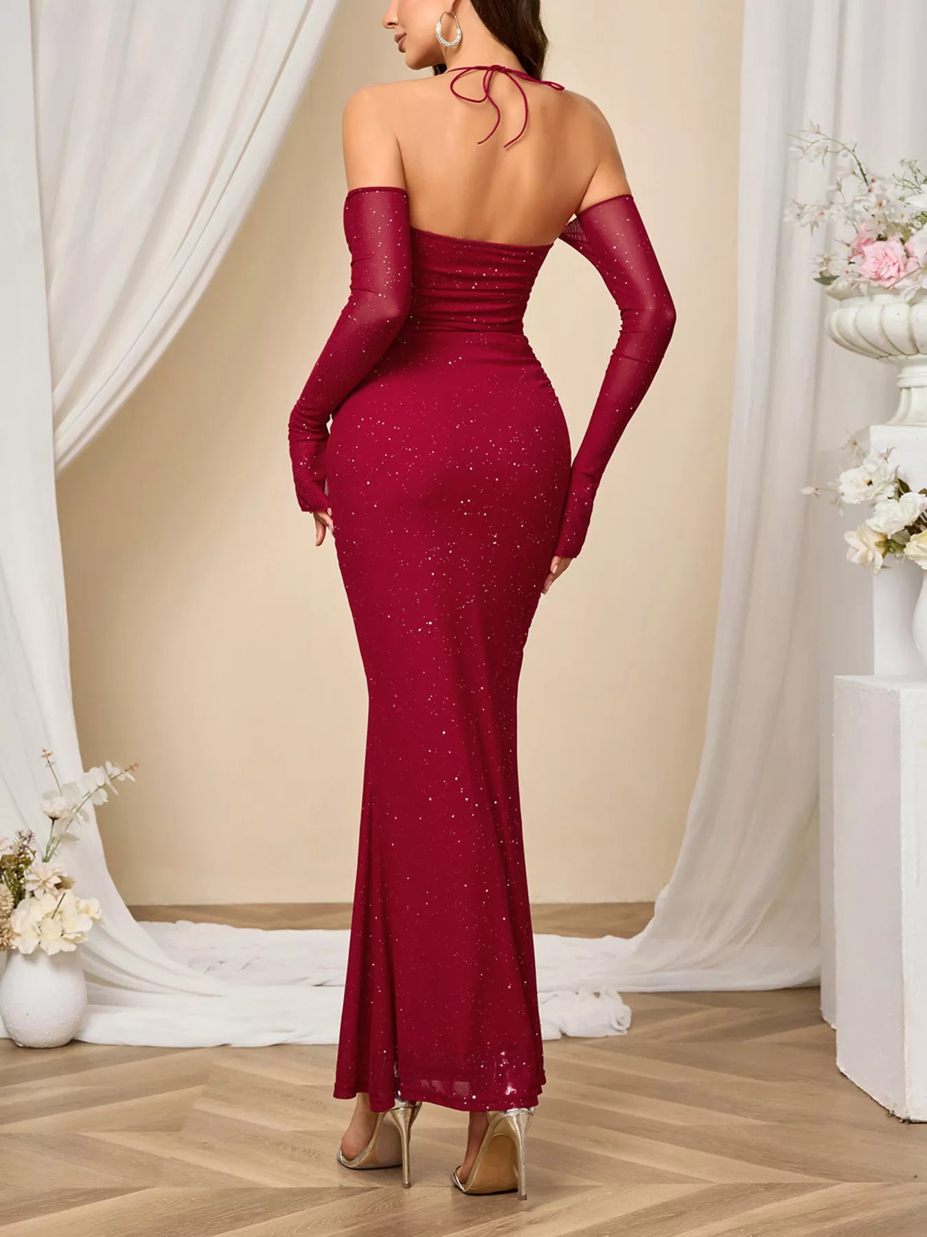 Glitter Sweetheart Neck Long Sleeve Maxi Dress-Nordavory