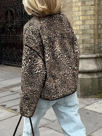 Perfee Leopard Open Front Long Sleeve Jacket-Nordavory