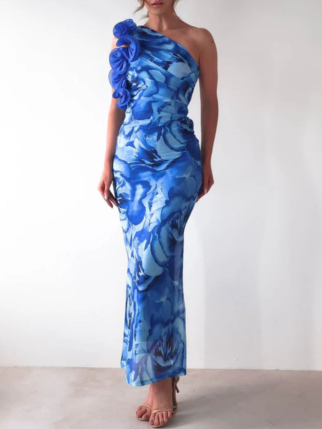 Floral Print One-Shoulder Maxi Dress-Nordavory