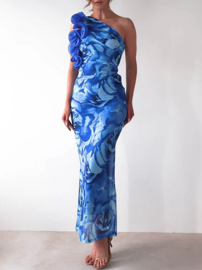 Floral Print One-Shoulder Maxi Dress-Nordavory