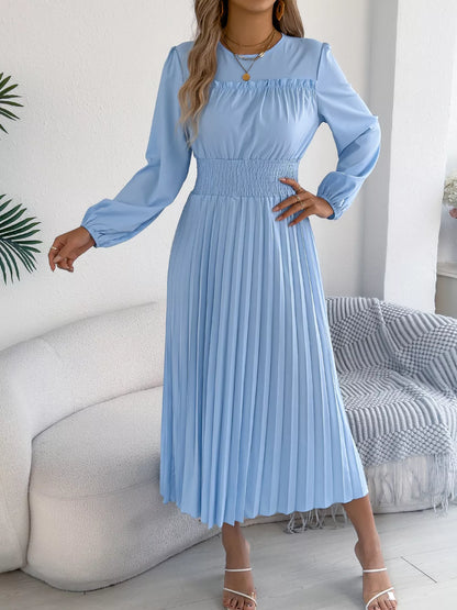 Smocked Pleated Long Sleeve Midi Dress-Nordavory