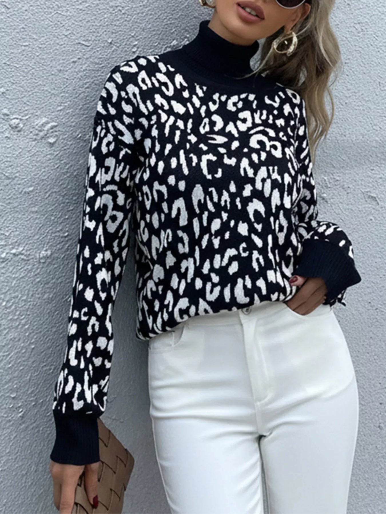 Leopard High Neck Pullover Sweater-Nordavory
