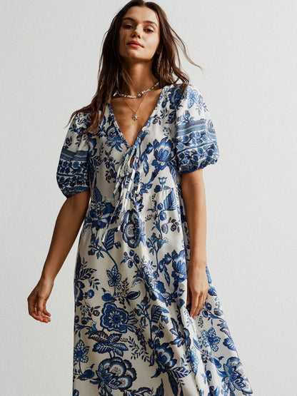 Floral Print Tie-Neck Puff Sleeve Maxi Dress-Nordavory