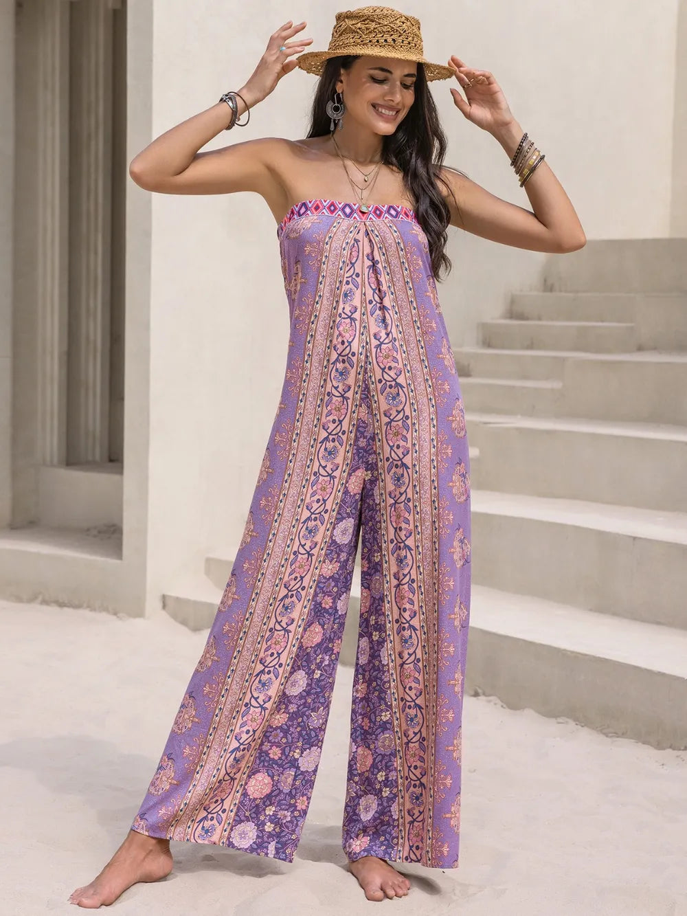 Tied Printed Tube Wide Leg Jumpsuit-Nordavory