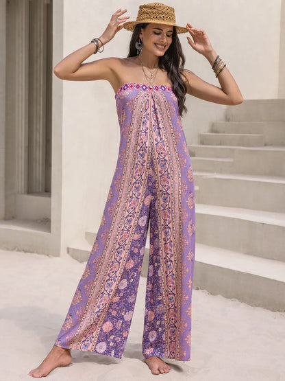 Tied Printed Tube Wide Leg Jumpsuit-Nordavory