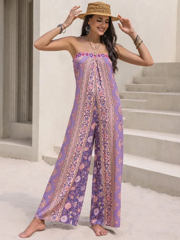 Tied Printed Tube Wide Leg Jumpsuit-Nordavory