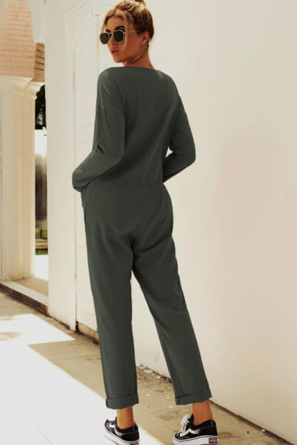 Buttoned Drop Shoulder Pocket Jumpsuit-Nordavory