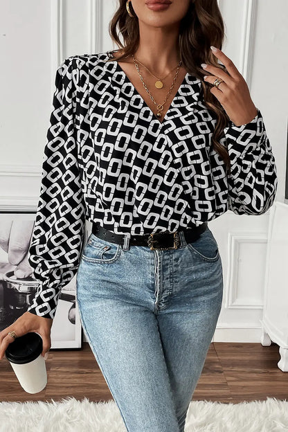 Perfee Geometric V-Neck Long Sleeve Blouse-Nordavory