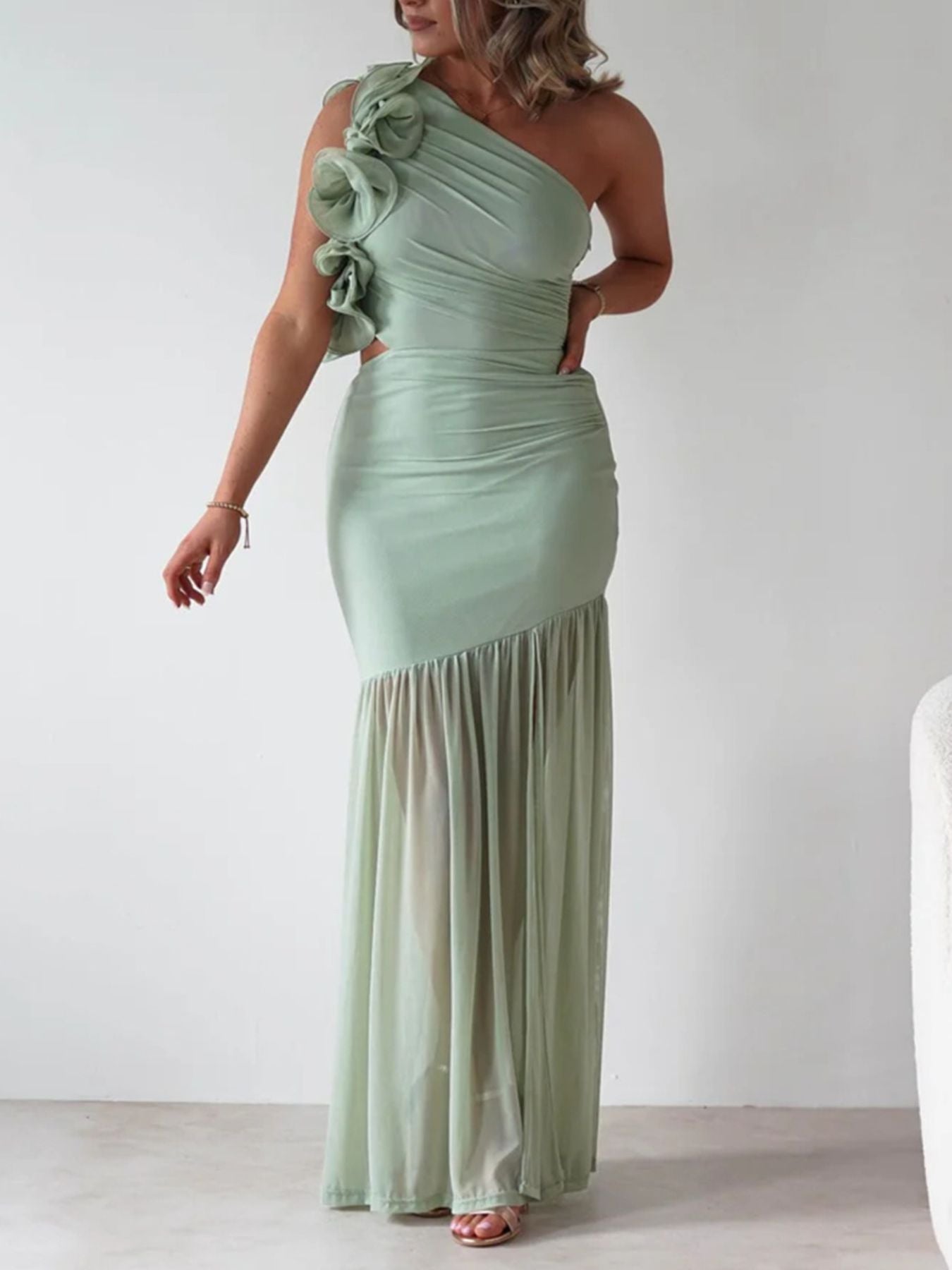 One-Shoulder Ruffle Trim Maxi Dress-Nordavory