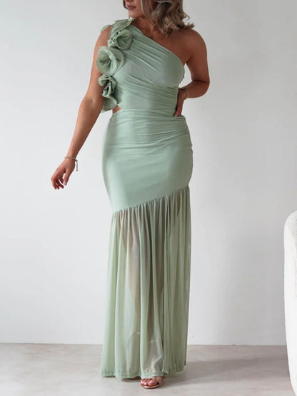 One-Shoulder Ruffle Trim Maxi Dress-Nordavory