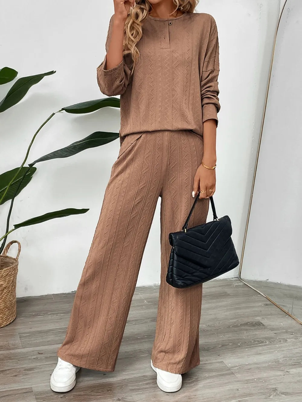 Perfee Quarter Button Long Sleeve Top and Pants Set-Nordavory