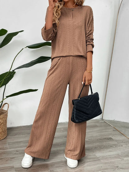 Perfee Quarter Button Long Sleeve Top and Pants Set-Nordavory