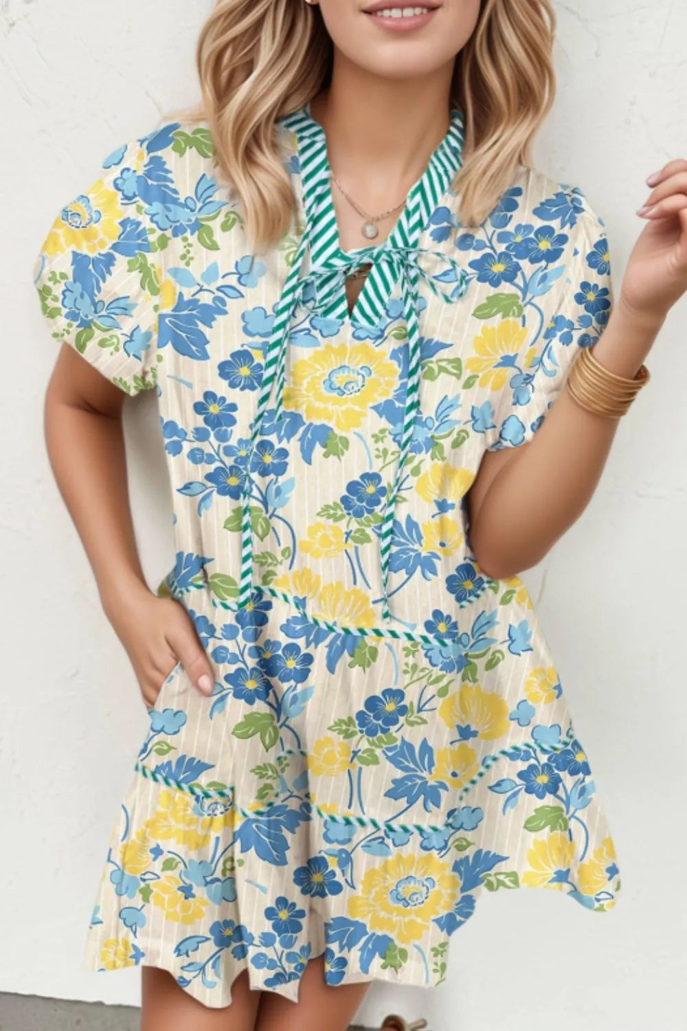 Floral Striped Trim Puff Short Sleeve Dress-Nordavory