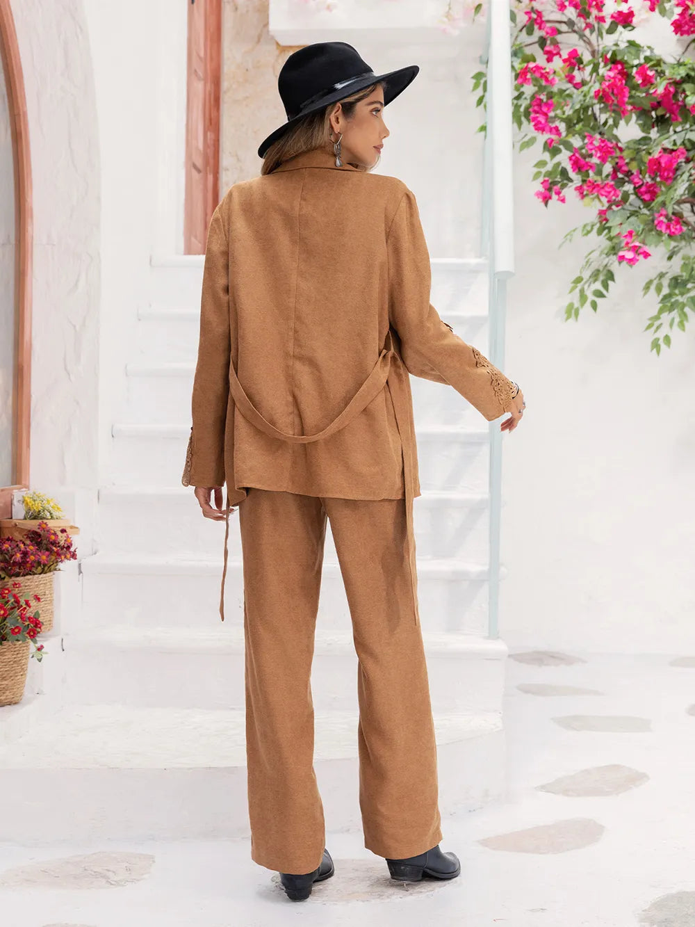 Lace Detail Collared Neck Top and Pants Set-Nordavory