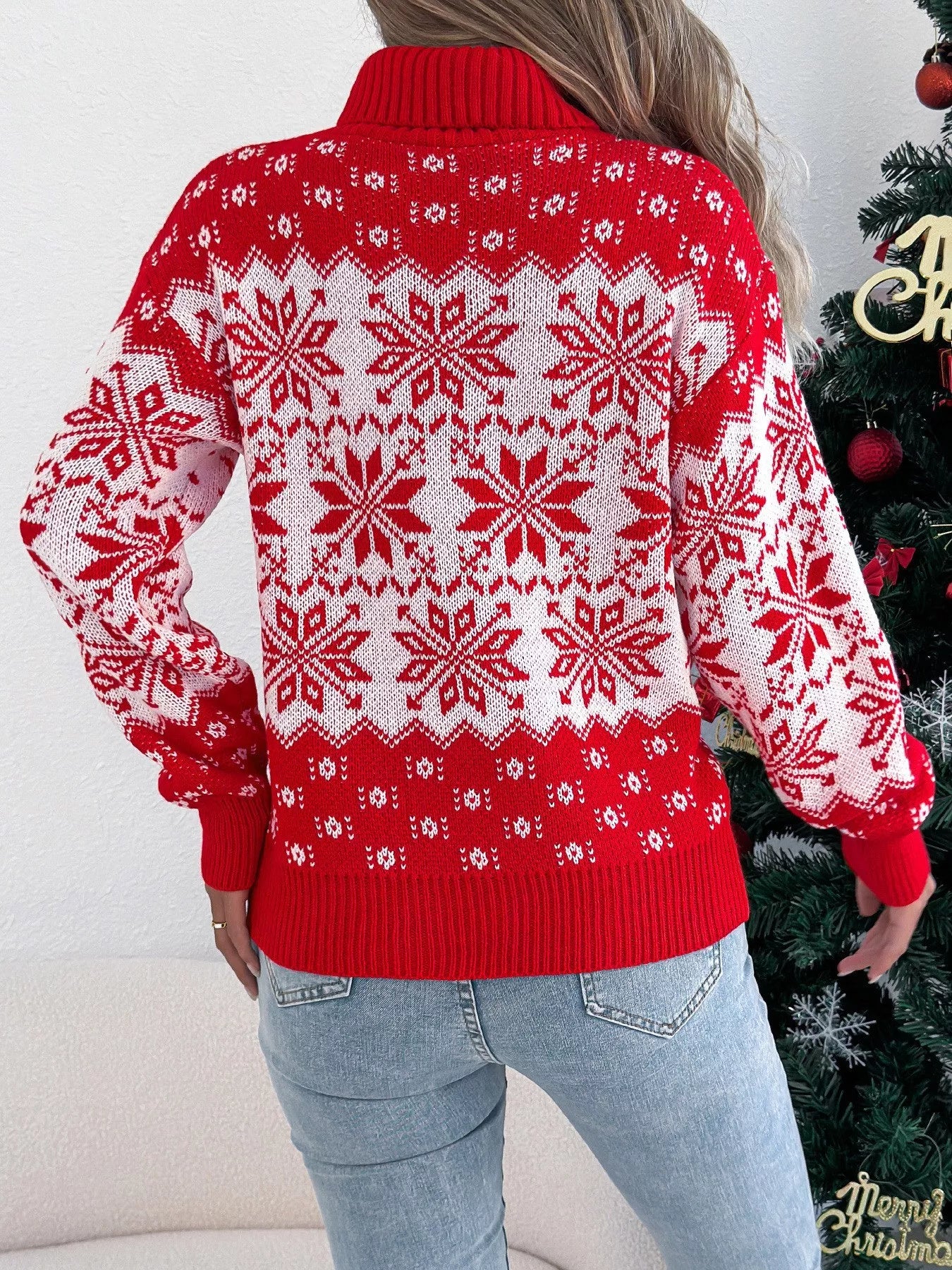 Christmas Snowflake Turtleneck Long Sleeve Sweater-Nordavory