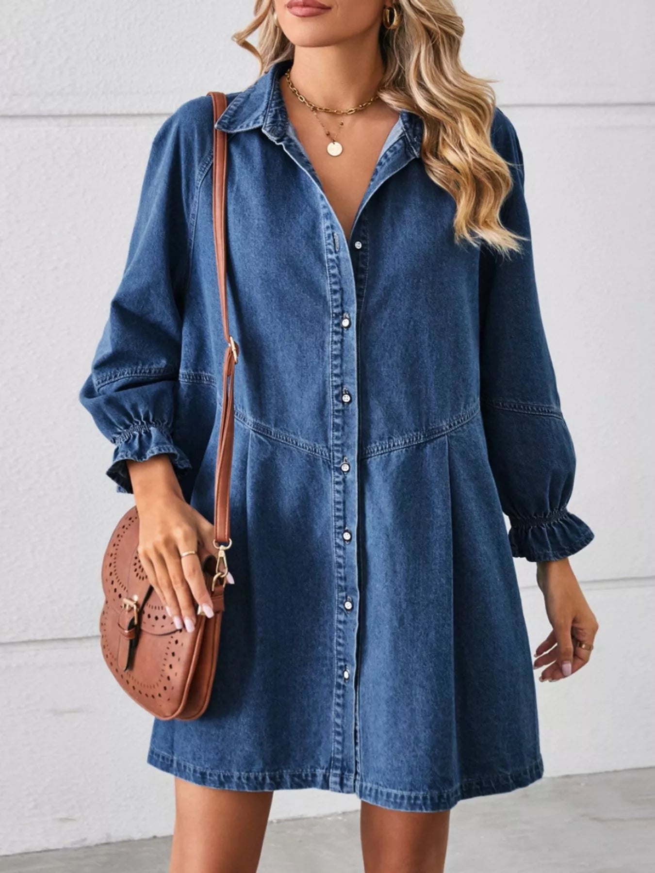 Button Down Ruffle Cuff Denim Dress-Nordavory
