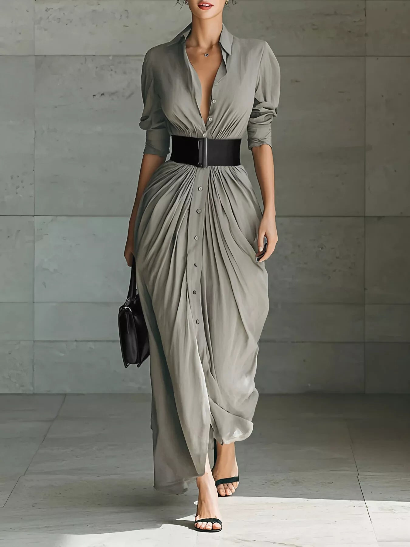 Full Size Button Front Ruched Shirt Maxi Dress Plus Size-Nordavory