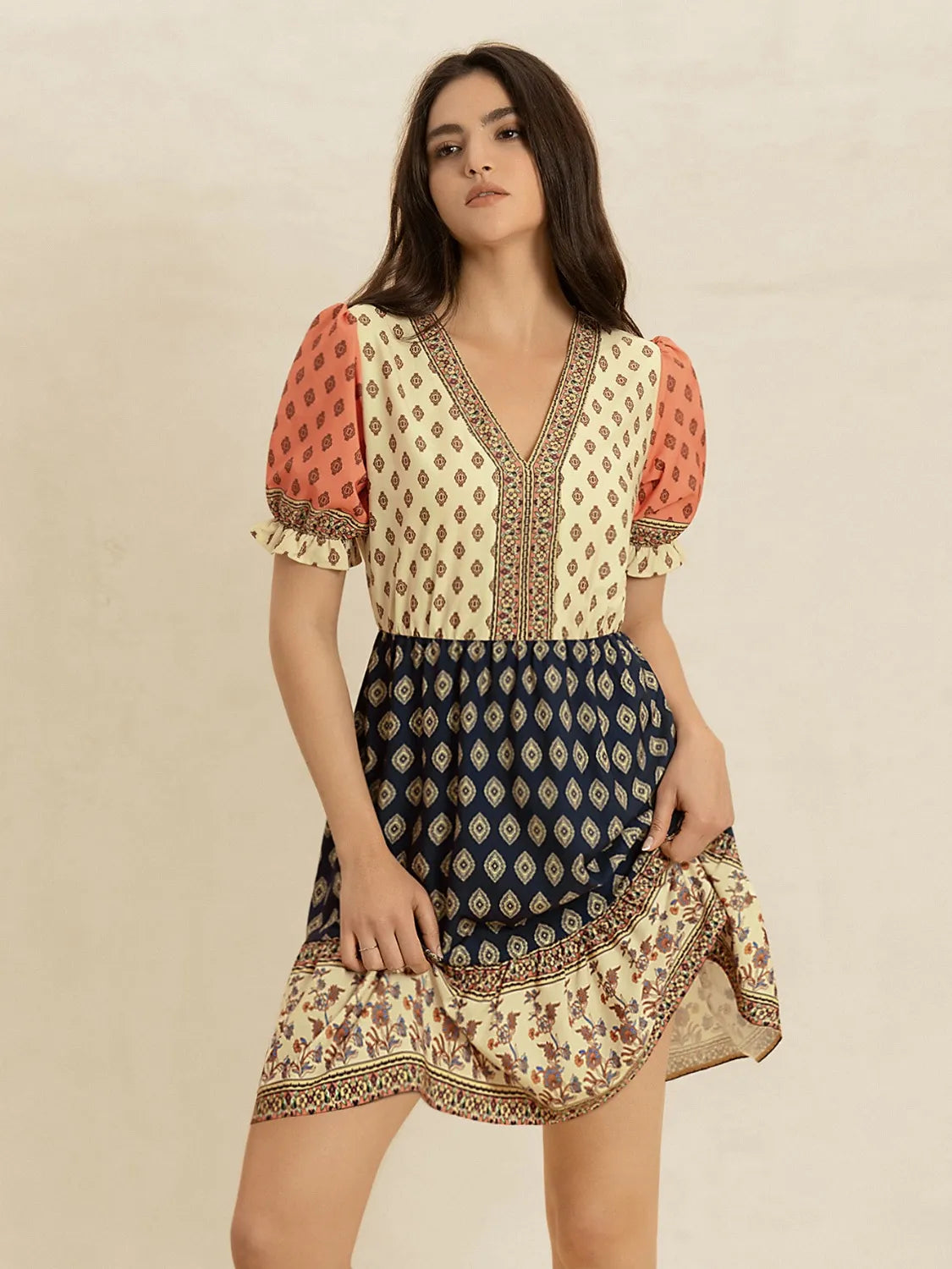 Printed V-Neck Short Sleeve Dress-Nordavory
