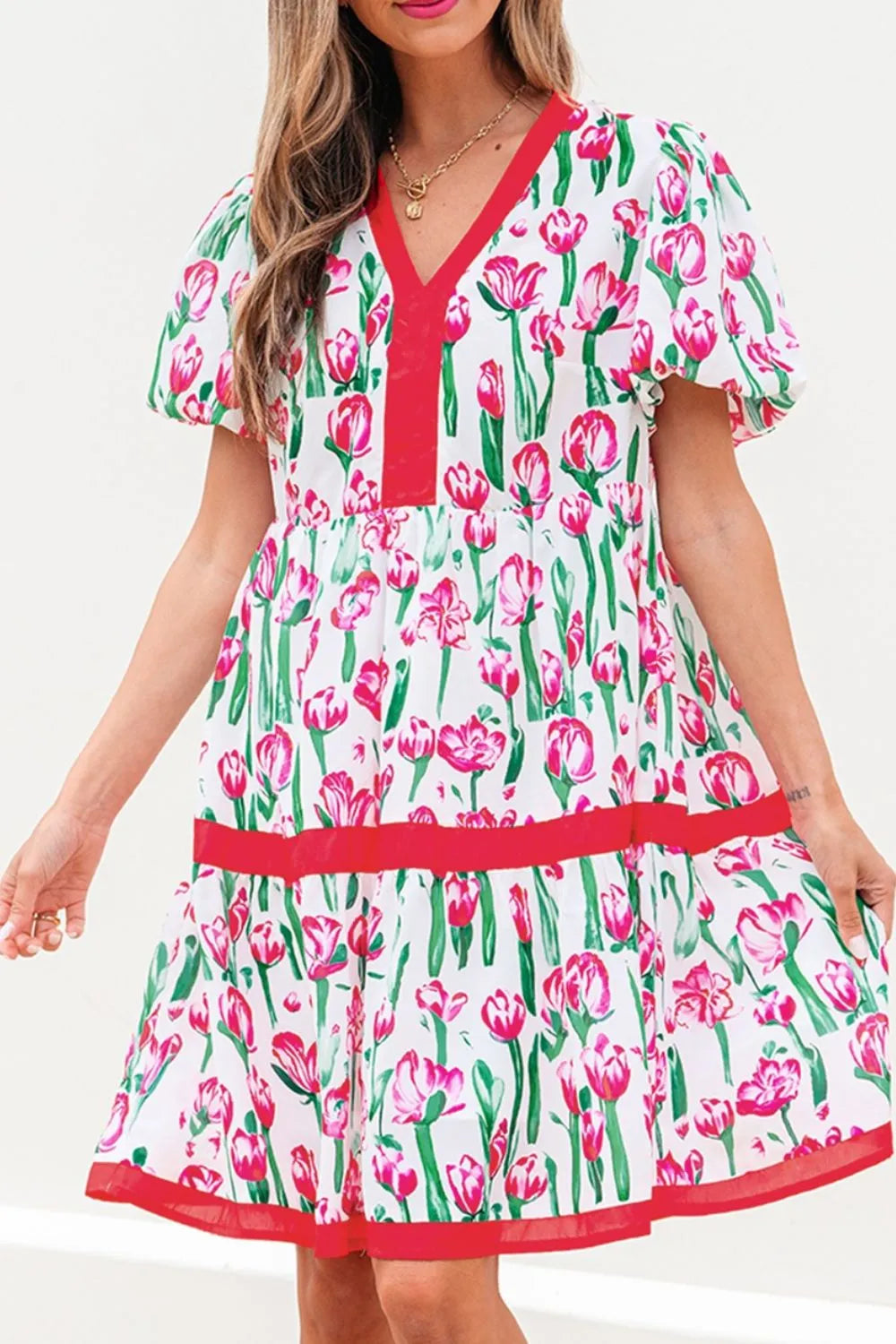 Floral Print Contrast Trim V Neck Bubble Short Sleeve Babydoll Dress-Nordavory
