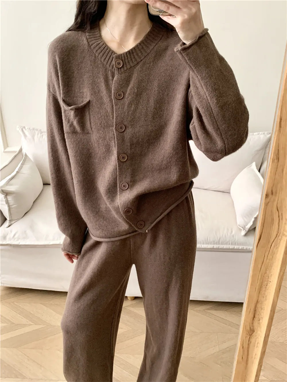 Pocketed Round Neck Button Up Cardigan and Pants Sweater Set-Nordavory