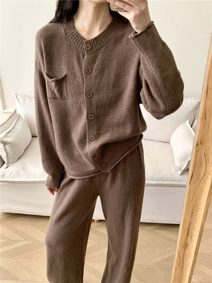 Pocketed Round Neck Button Up Cardigan and Pants Sweater Set-Nordavory
