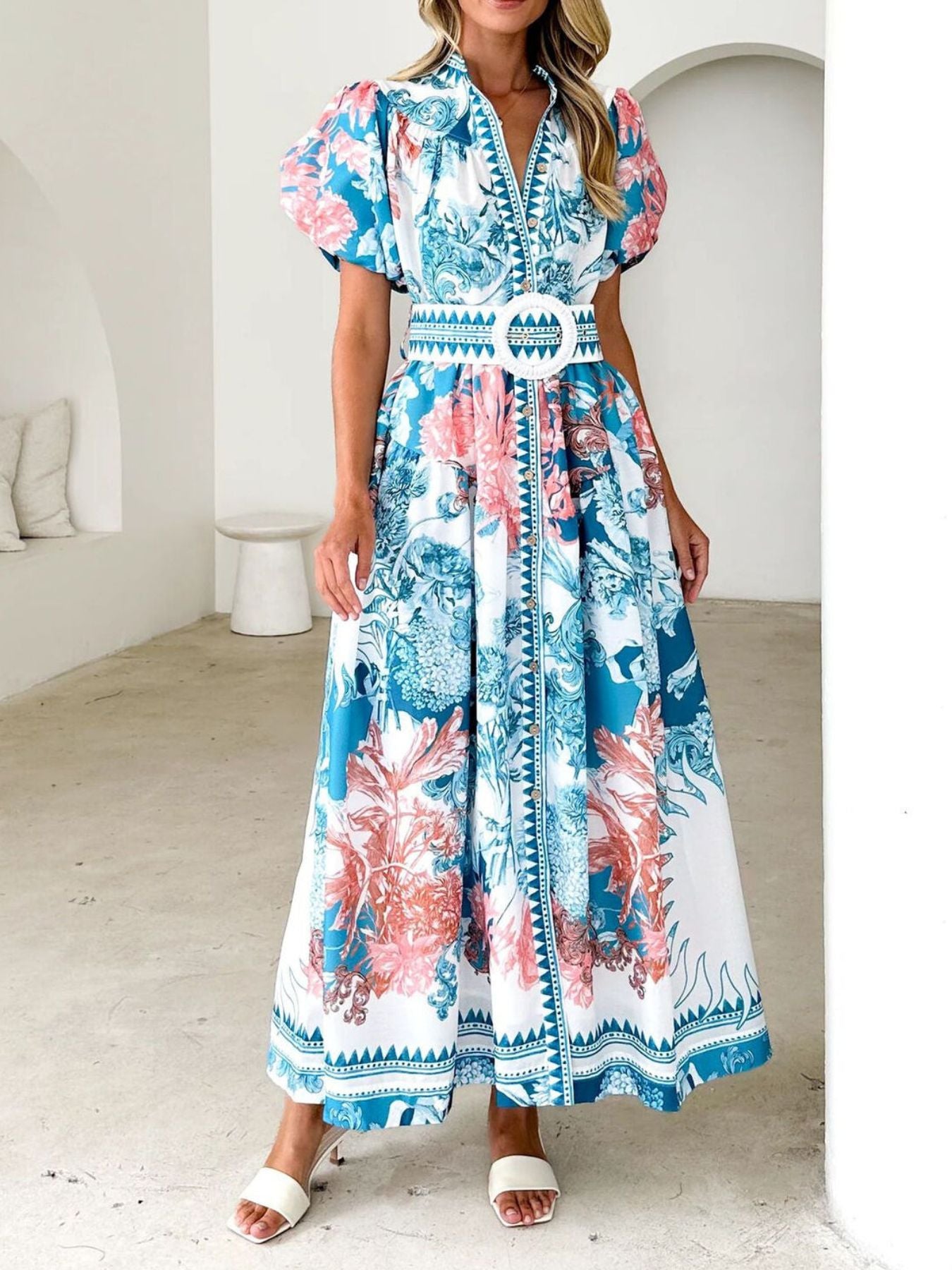 Printed Puff Sleeve Midi Dress-Nordavory