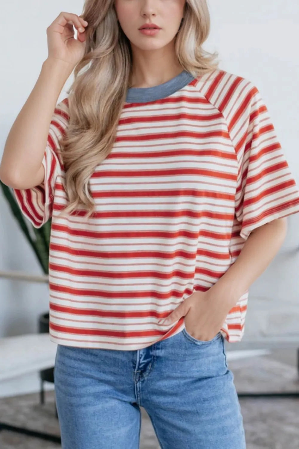 Stripe Print Contrast Collar Raglan Sleeve T Shirt-Nordavory