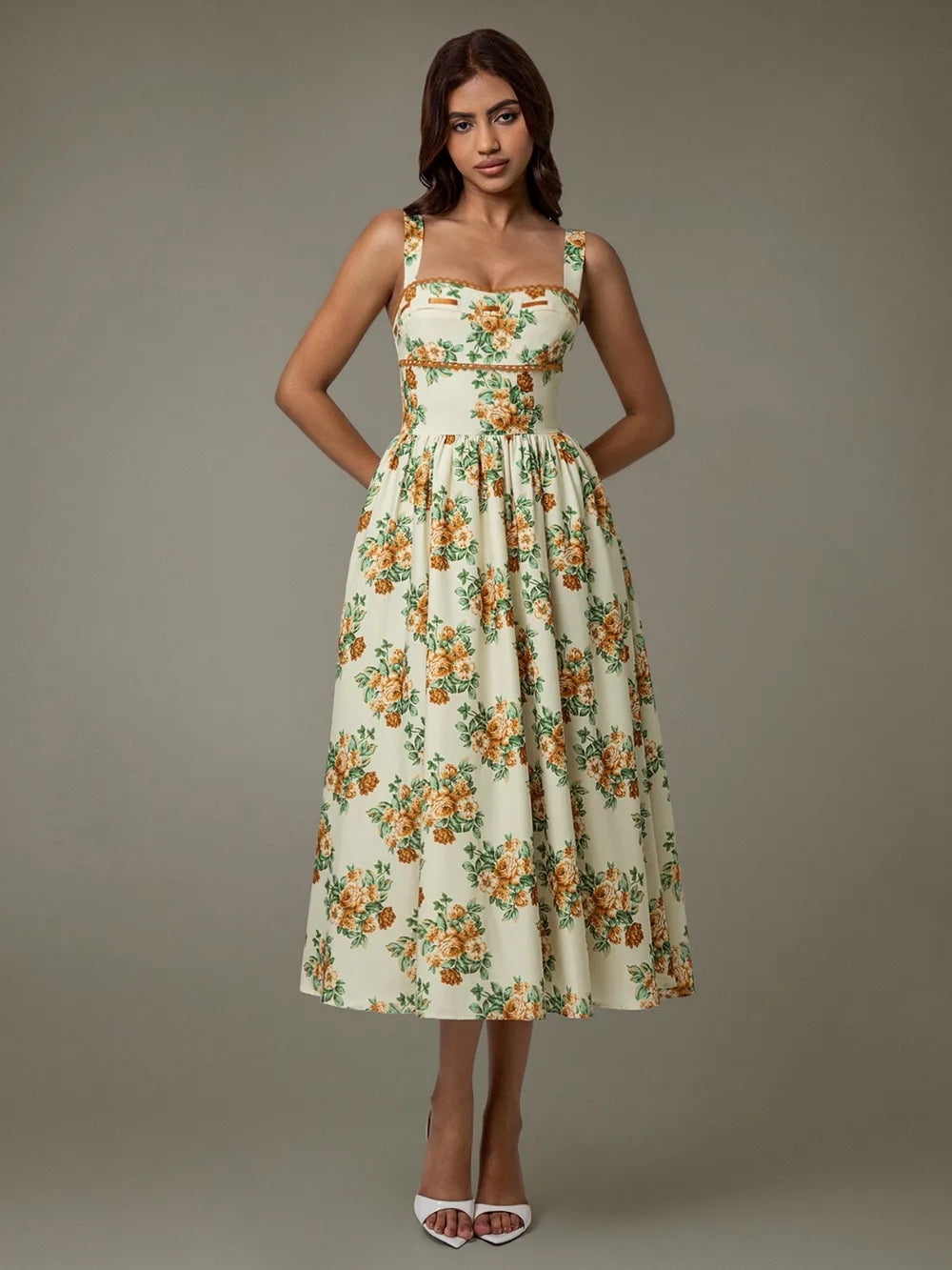 Lace Trim Floral Sleeveless Midi Dress-Nordavory