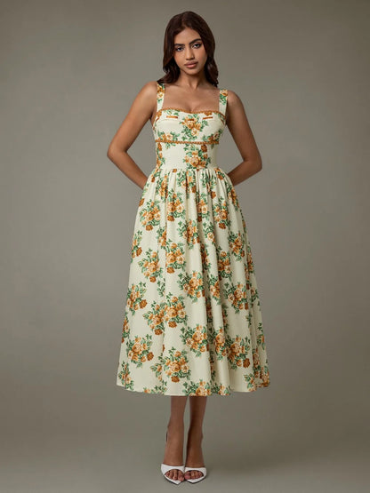Lace Trim Floral Sleeveless Midi Dress-Nordavory
